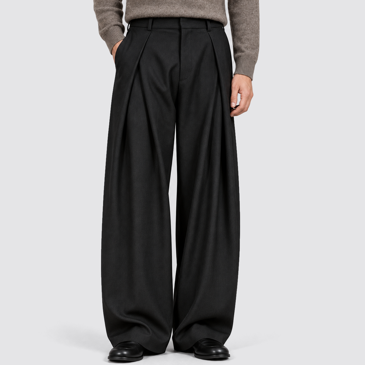 Men Wide Leg Trousers Double Pleat High Waist Black