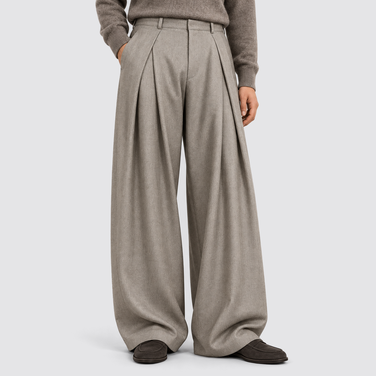 Men Wide Leg Trousers Double Pleat High Waist Grey