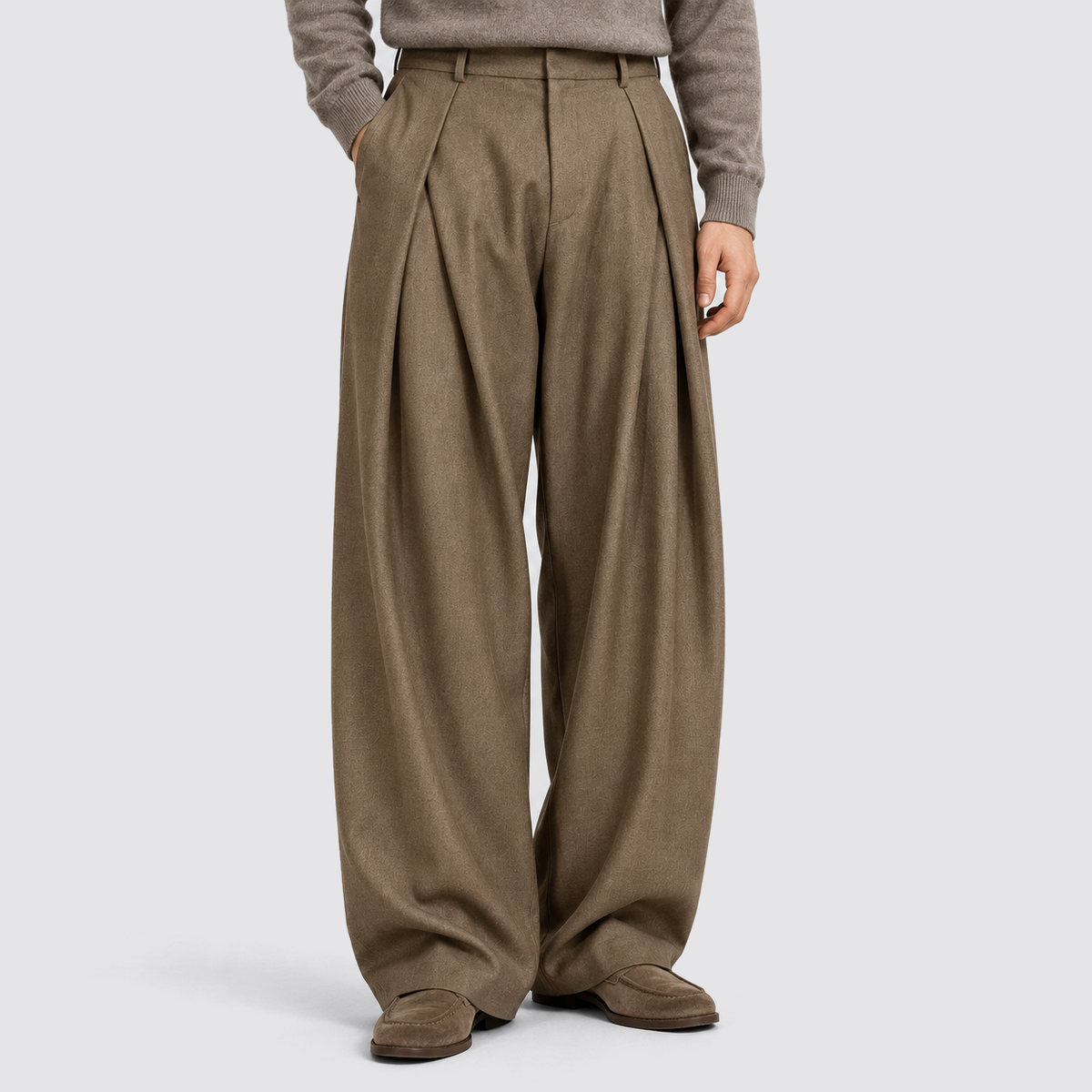 Men Wide Leg Trousers Double Pleat High Waist Light Brown