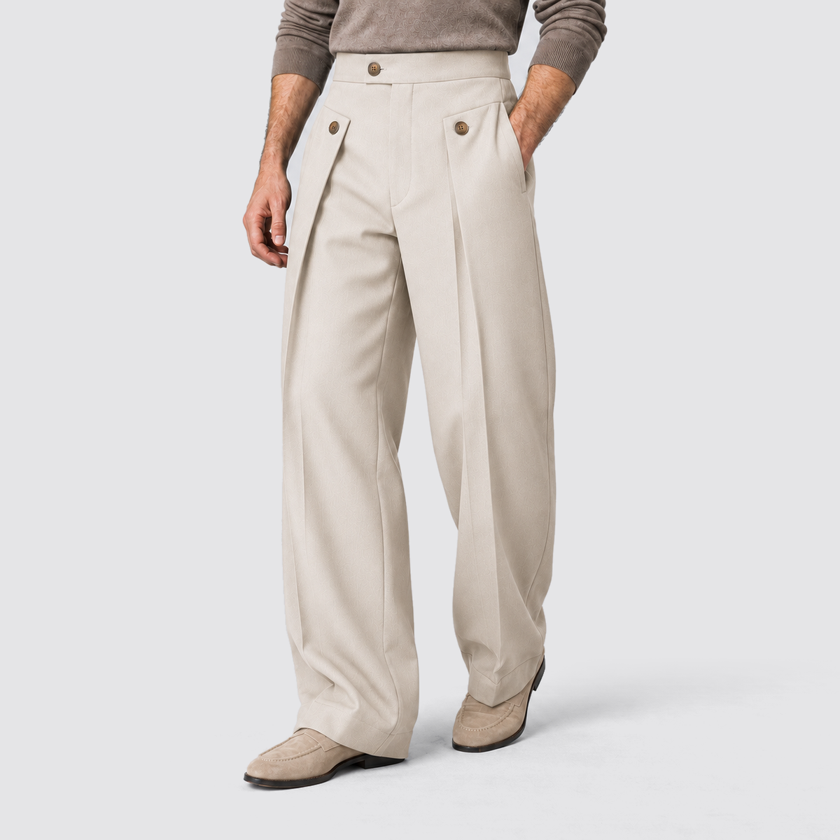 Men Wide Leg Trousers Front Pleats Relaxed Fit Beige