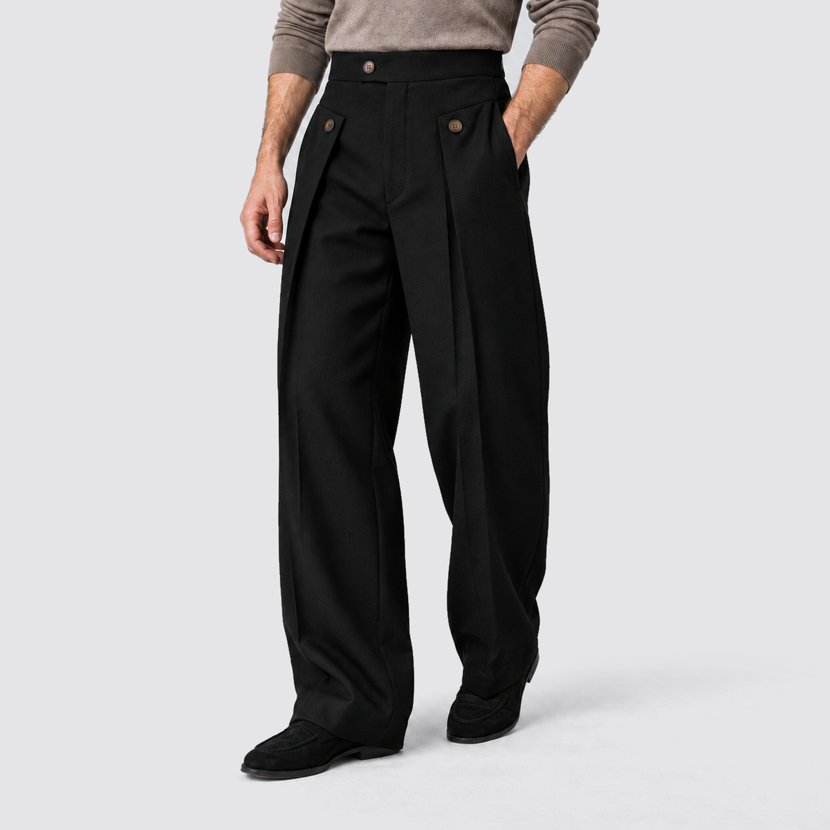 Men Wide Leg Trousers Front Pleats Relaxed Fit Black