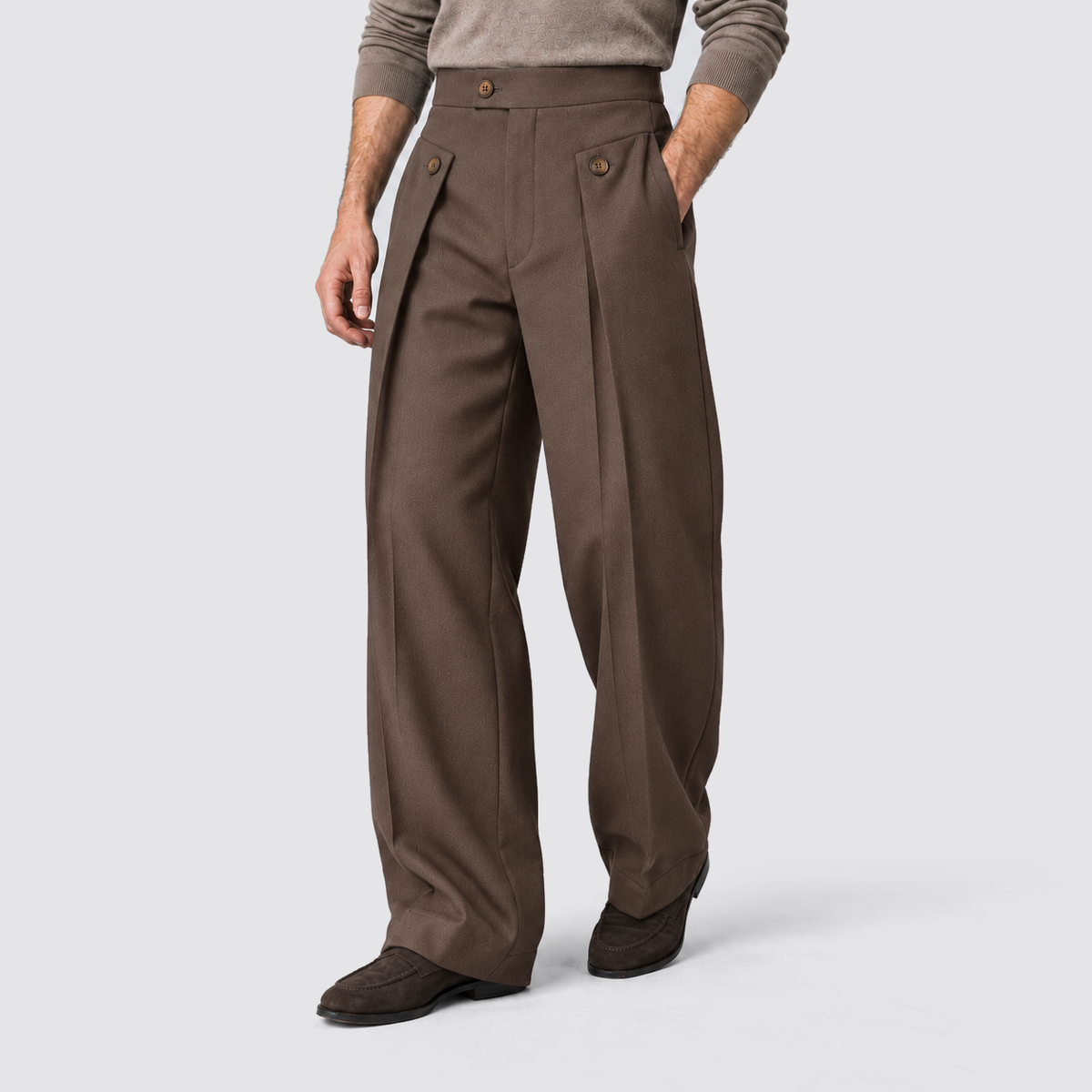 Men Wide Leg Trousers Front Pleats Relaxed Fit Brown