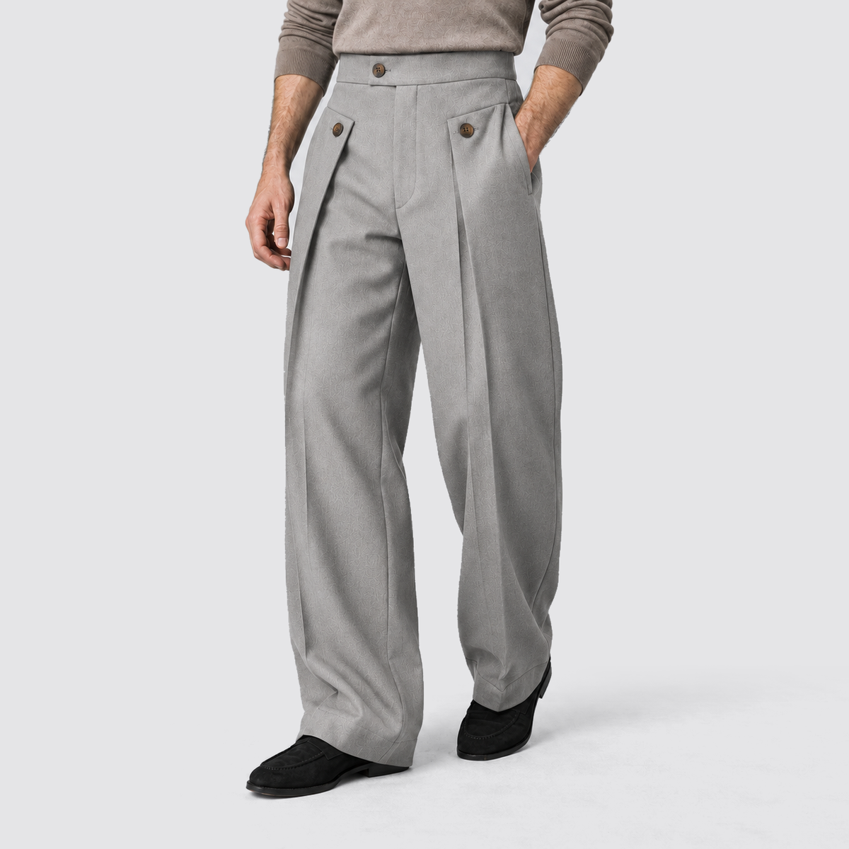 Men Wide Leg Trousers Front Pleats Relaxed Fit Grey
