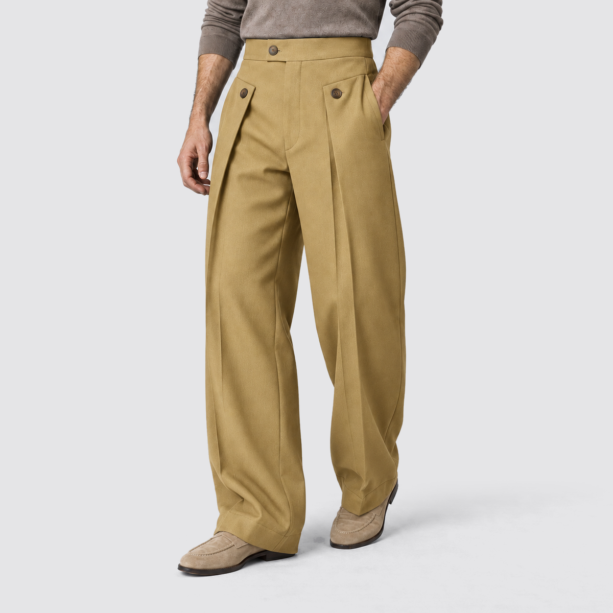 Men Wide Leg Trousers Front Pleats Relaxed Fit Khaki