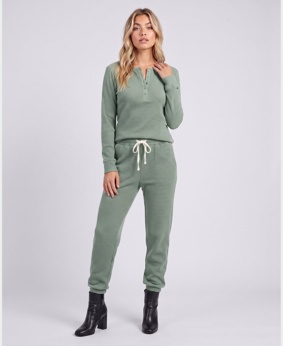 Brenda Waffle Henley Set in Matcha Green, front view