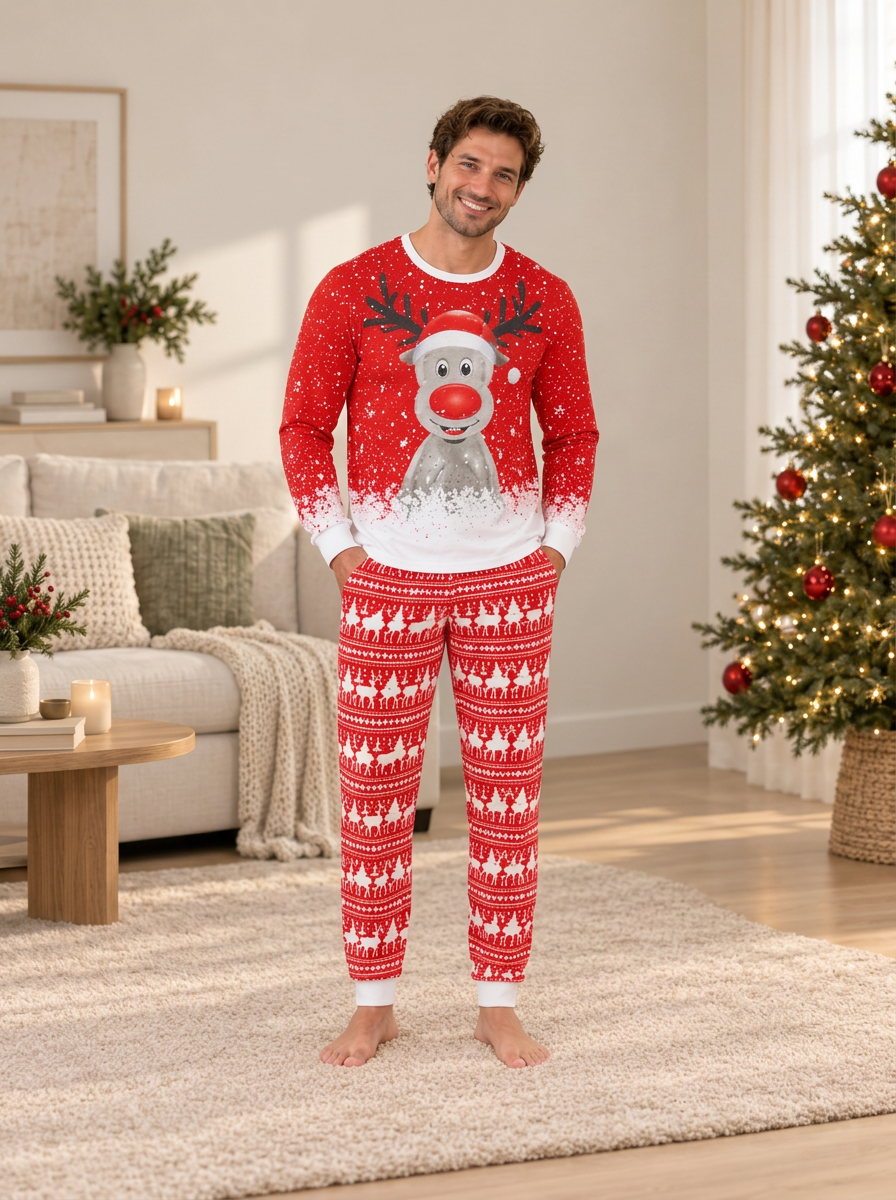 Red Nose Reindeer Matching Family Christmas Pyjamas, men's set
