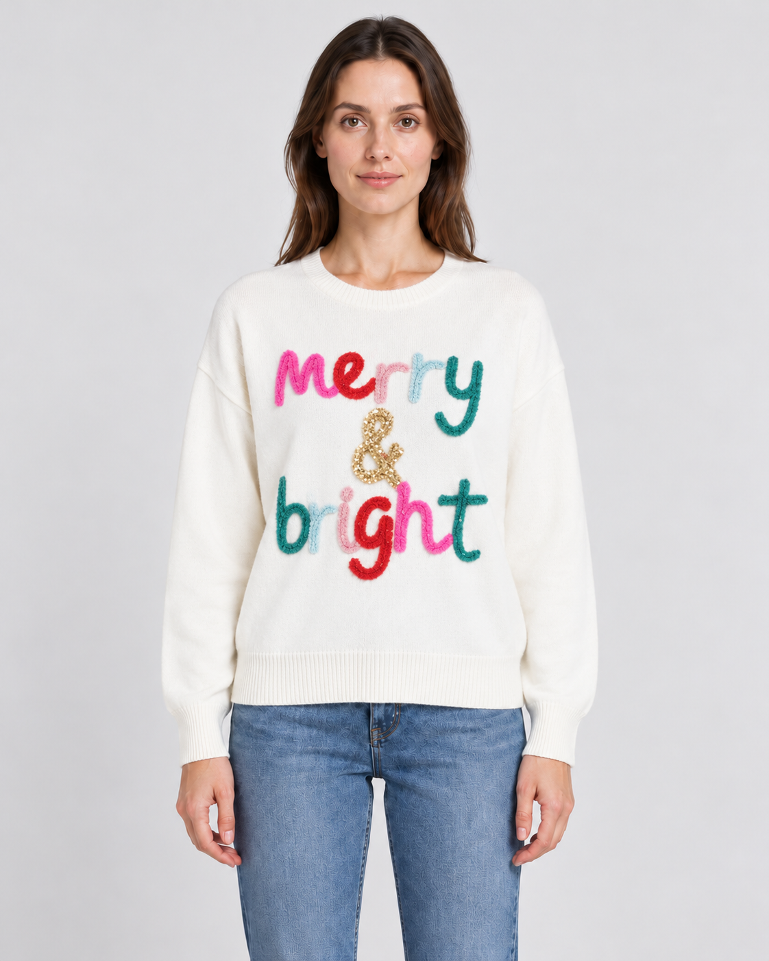 Tufted Slogan Crew Neck Christmas Jumper, white jumper with tufted Merry and Bright slogan, front view