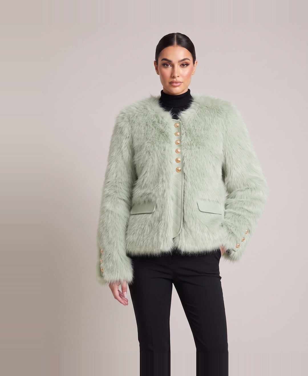 Women's cropped faux fur jacket in mint, front view