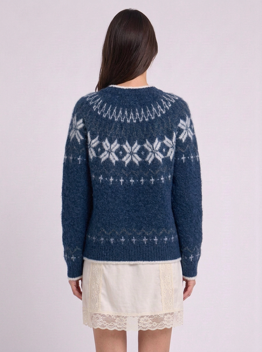 Snowflake Fair Isle Toggle Button Cardigan, navy Fair Isle snowflake cardigan, back view