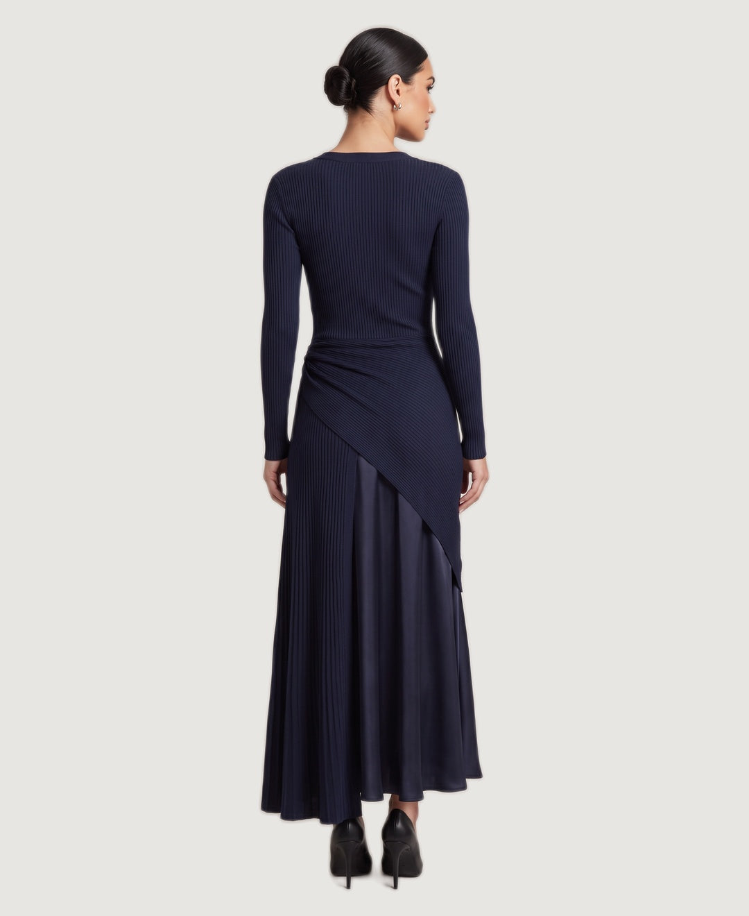 Wrap Front Ribbed Knit Maxi Dress with Satin Skirt in navy, back view