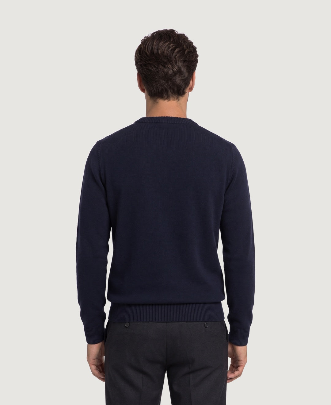 Men's soft knit crew neck jumper in navy, back view