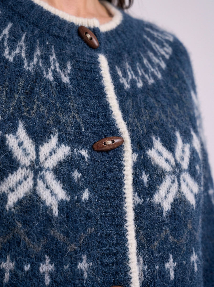 Snowflake Fair Isle Toggle Button Cardigan, snowflake pattern and toggle button, close-up