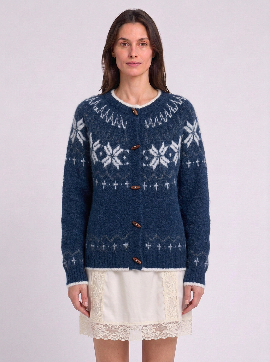 Snowflake Fair Isle Toggle Button Cardigan, navy Fair Isle snowflake cardigan, front view