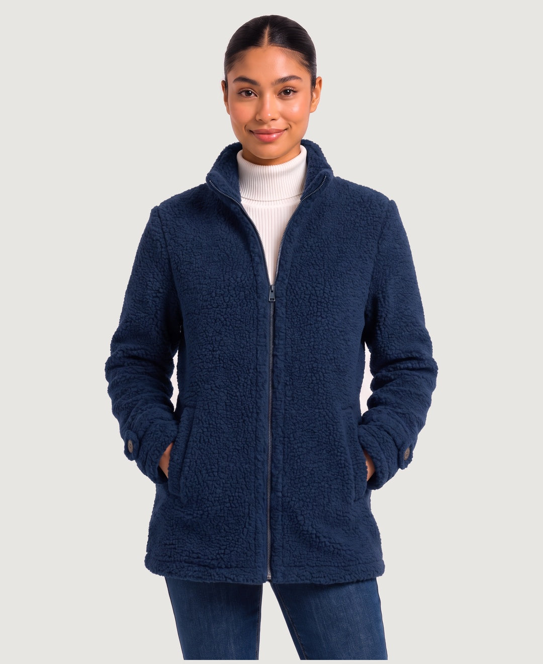 Women's sherpa fleece zip jacket in navy, front view