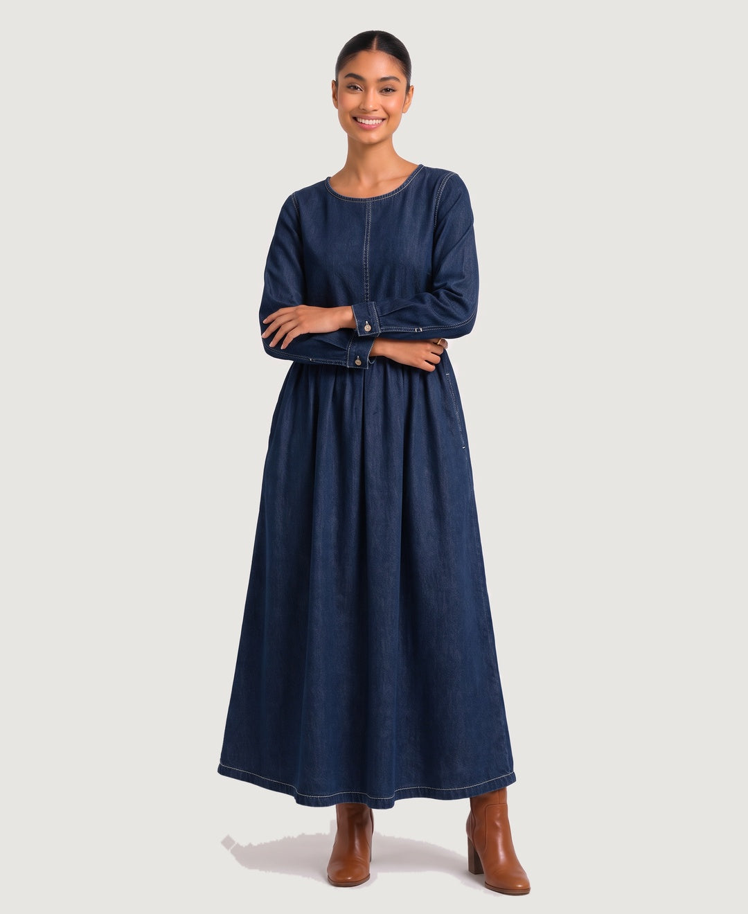 Women's long sleeve denim maxi dress in navy, front view