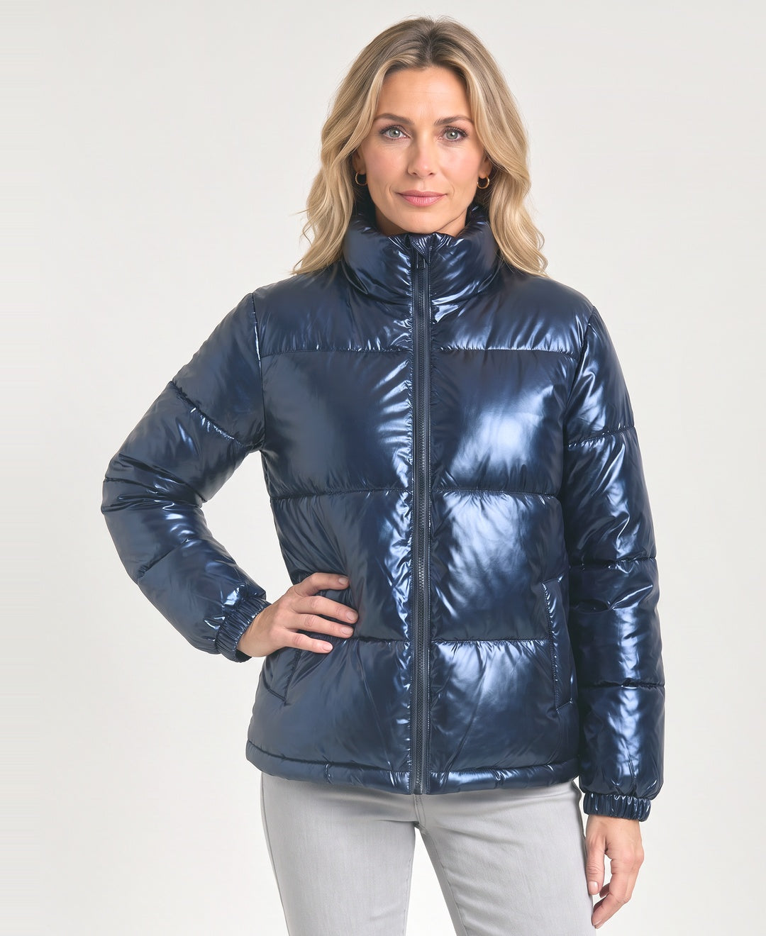 Glossy Metallic Puffer Jacket Stand Collar Zip Front navy front view