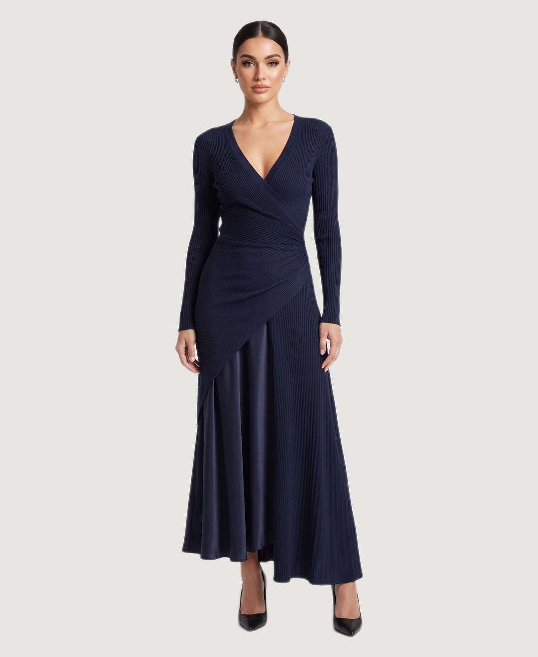 Wrap Front Ribbed Knit Maxi Dress with Satin Skirt in navy, front view