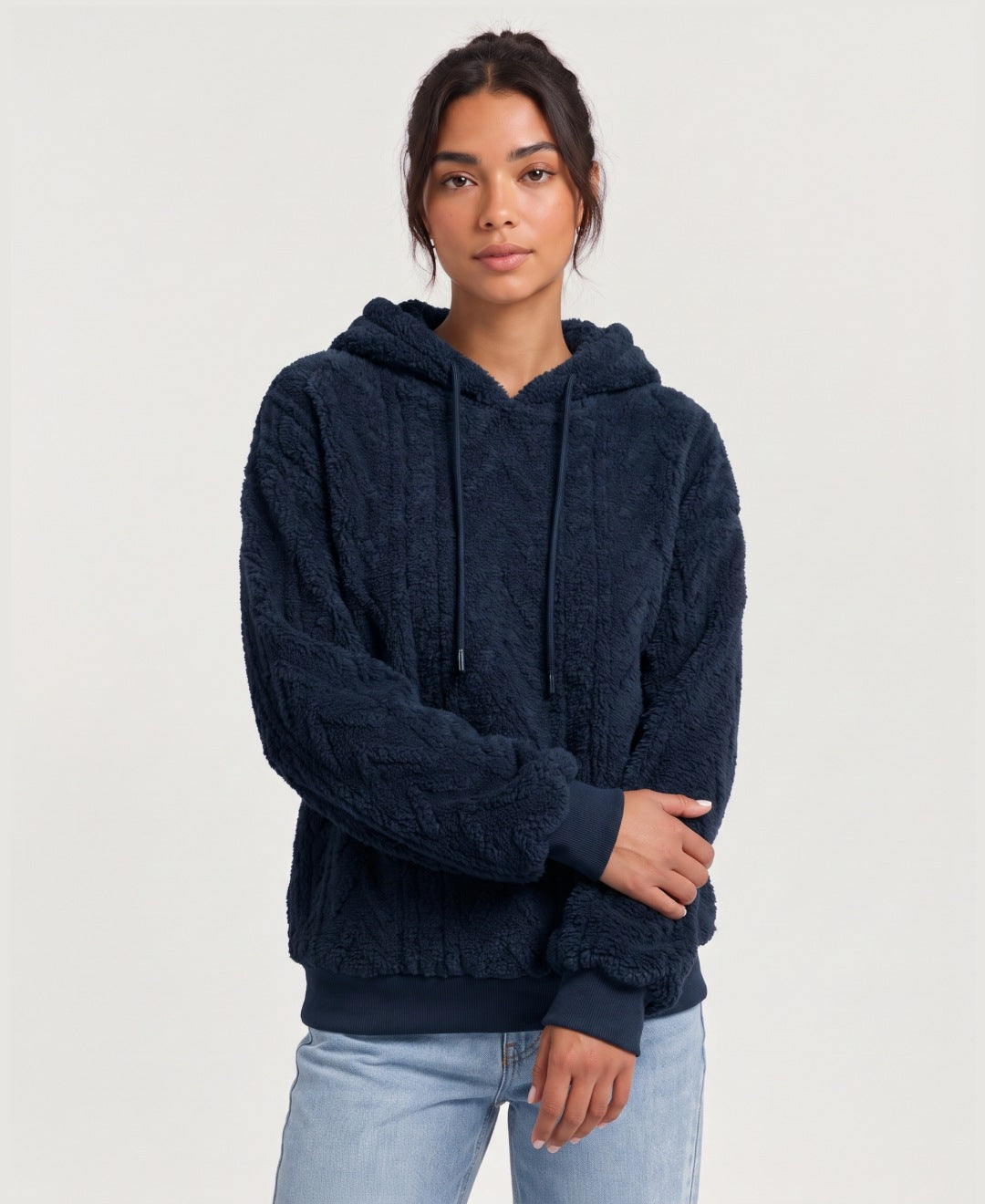 Women's teddy fleece cable pattern hoodie in navy, front view