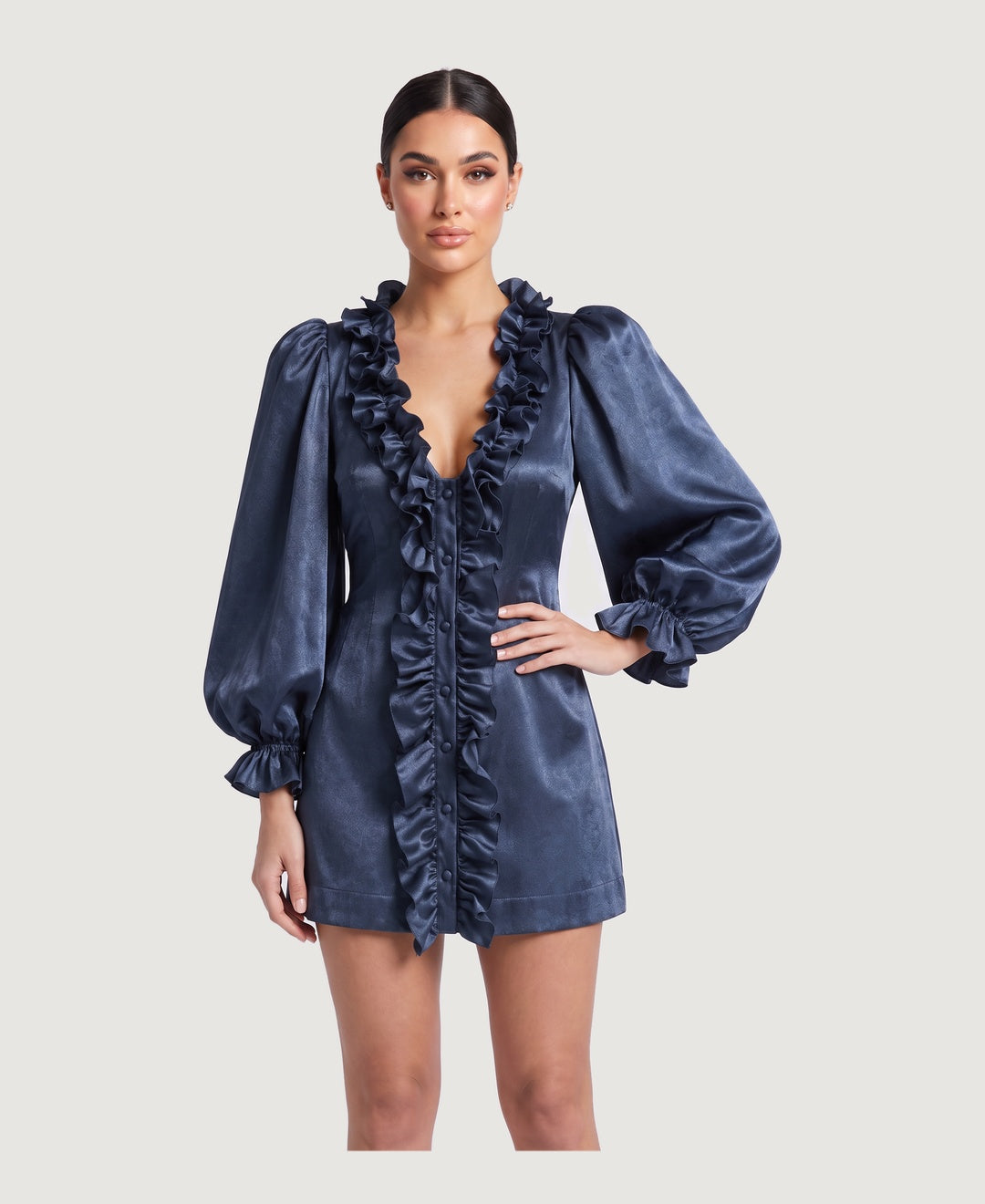 Women's satin ruffle front mini dress with puff sleeves in navy, front view
