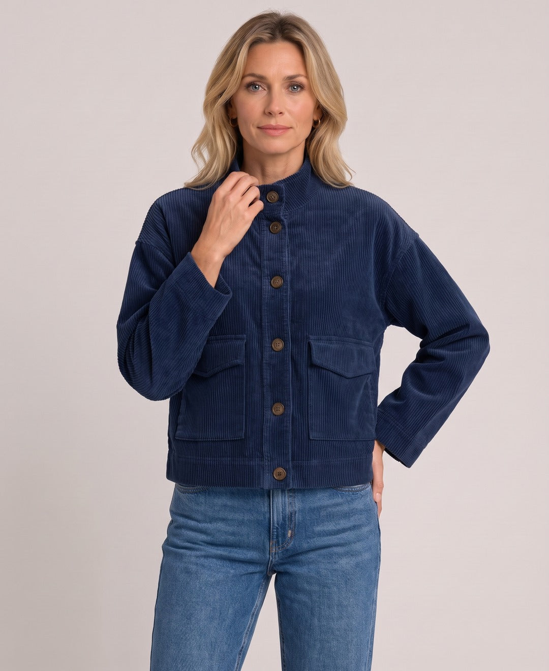Women's Corduroy Shirt Jacket Flap Pockets Stand Collar in Navy, front view
