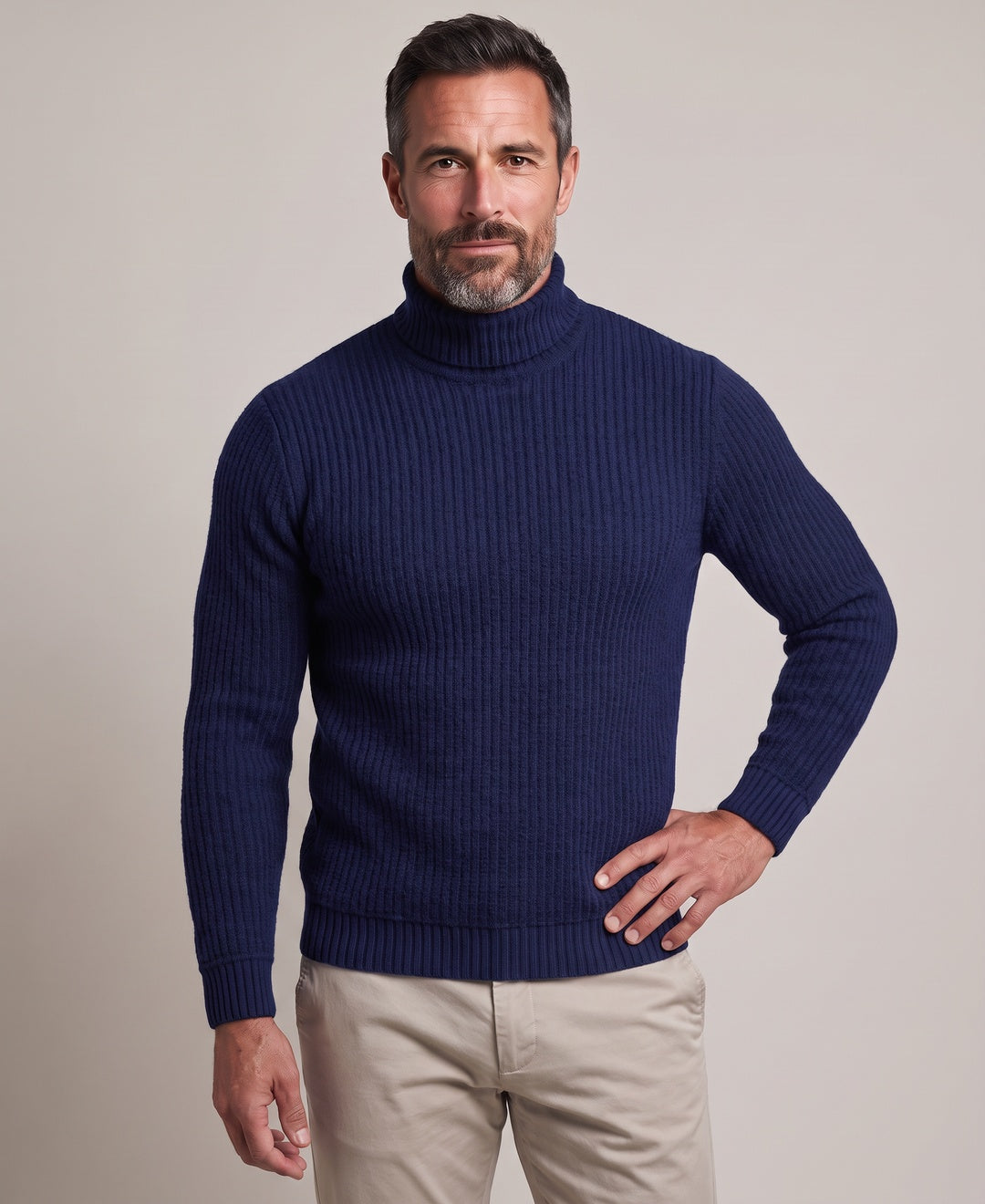 Men's navy roll neck jumper, front view