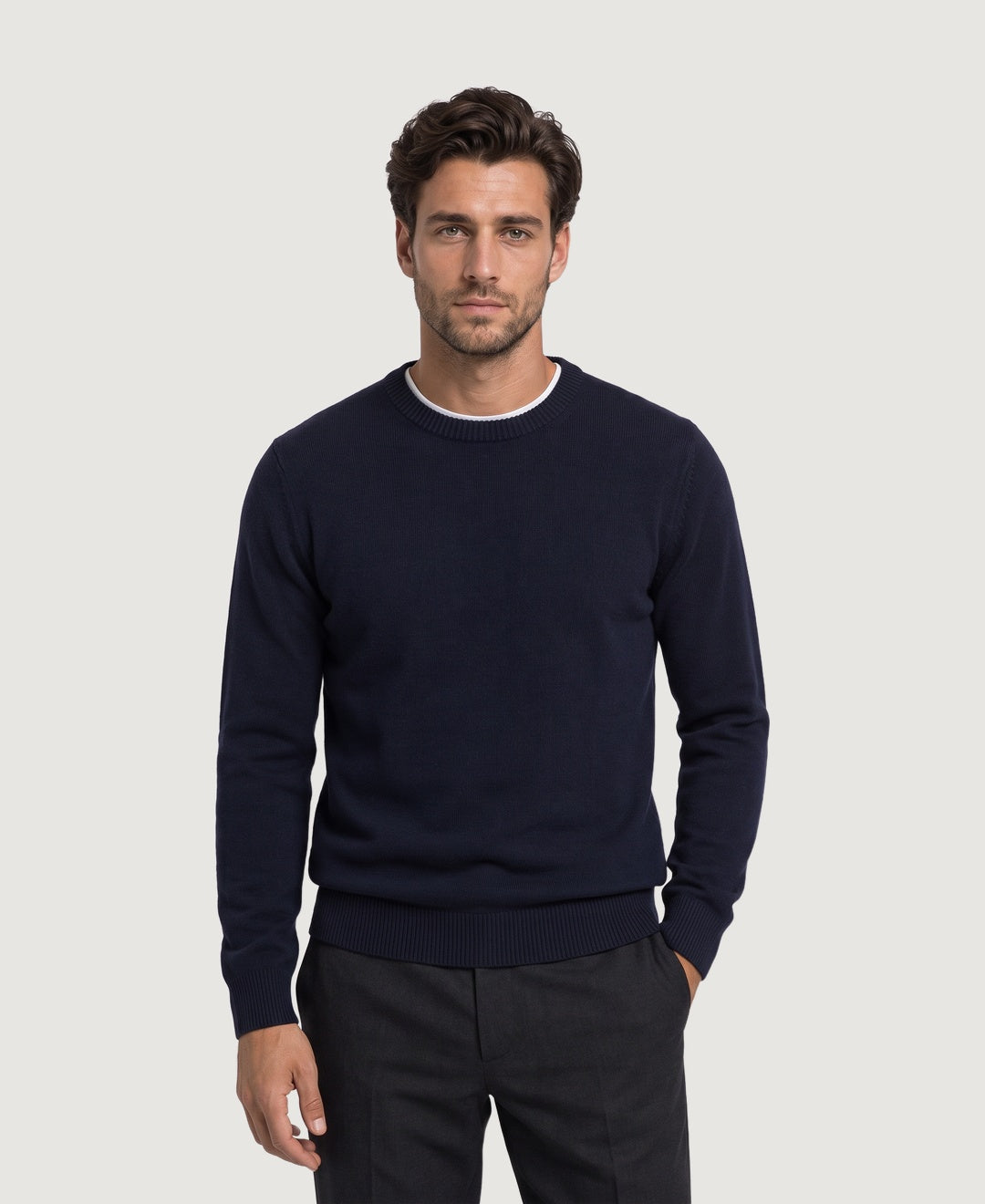 Men's soft knit crew neck jumper in navy, front view