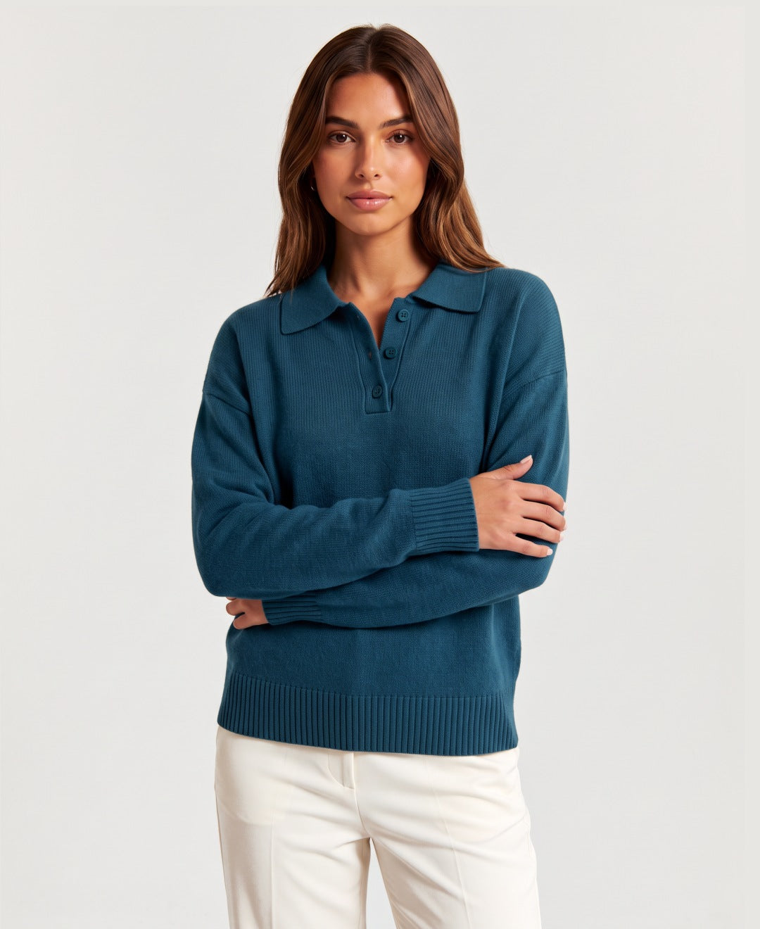 Women's lightweight knit polo jumper in teal, front view