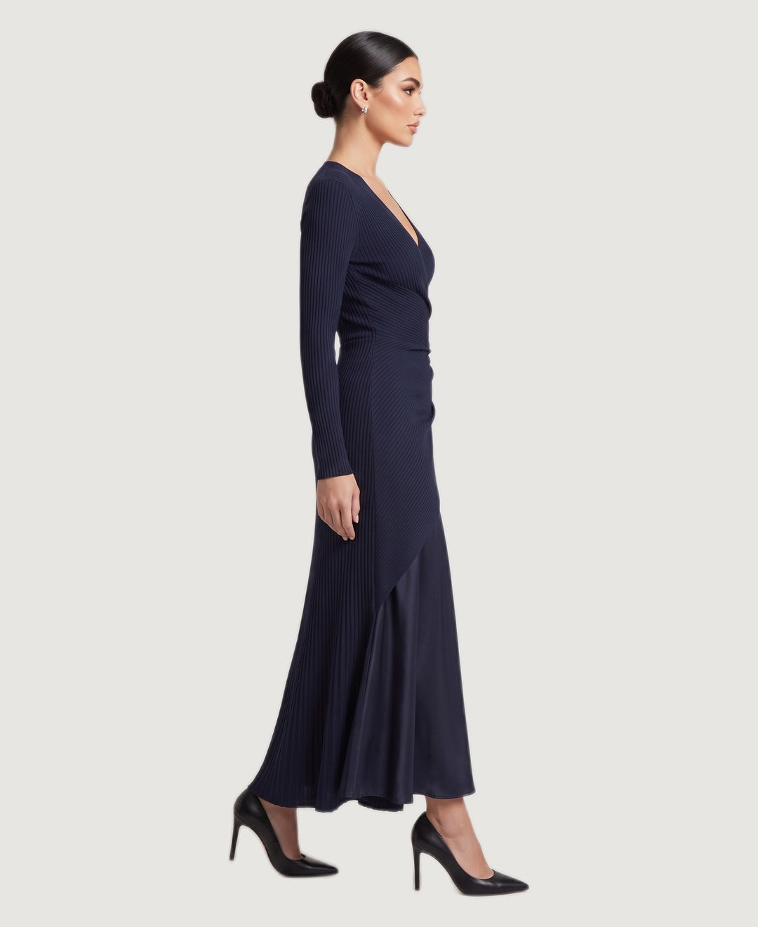Wrap Front Ribbed Knit Maxi Dress with Satin Skirt in navy, side view