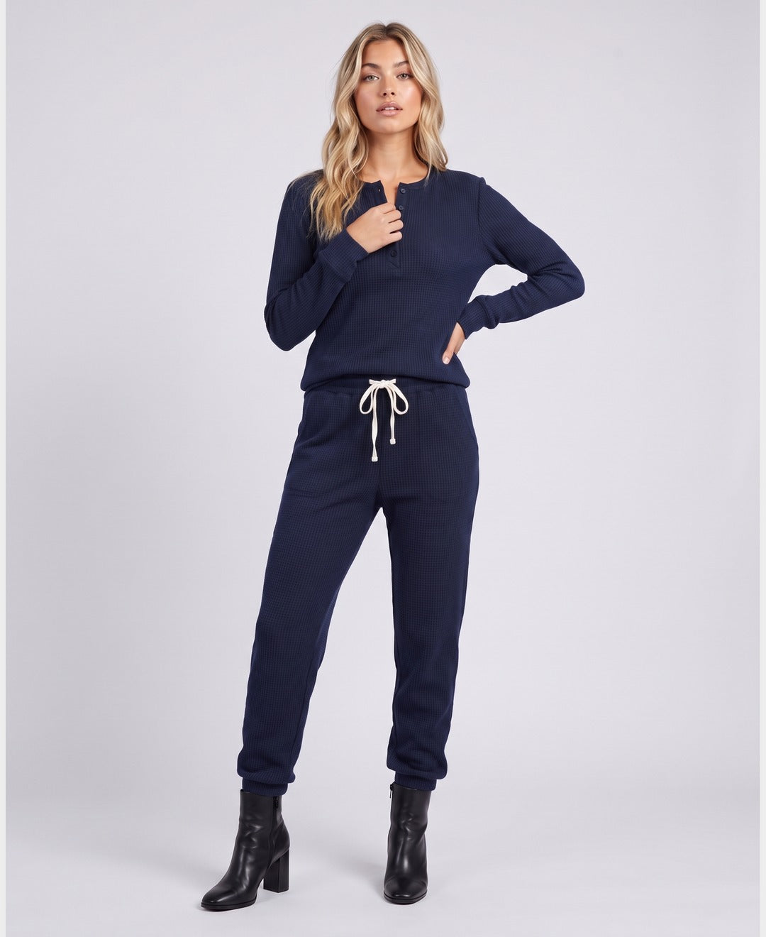 Brenda Waffle Henley Set in Navy Blue, front view