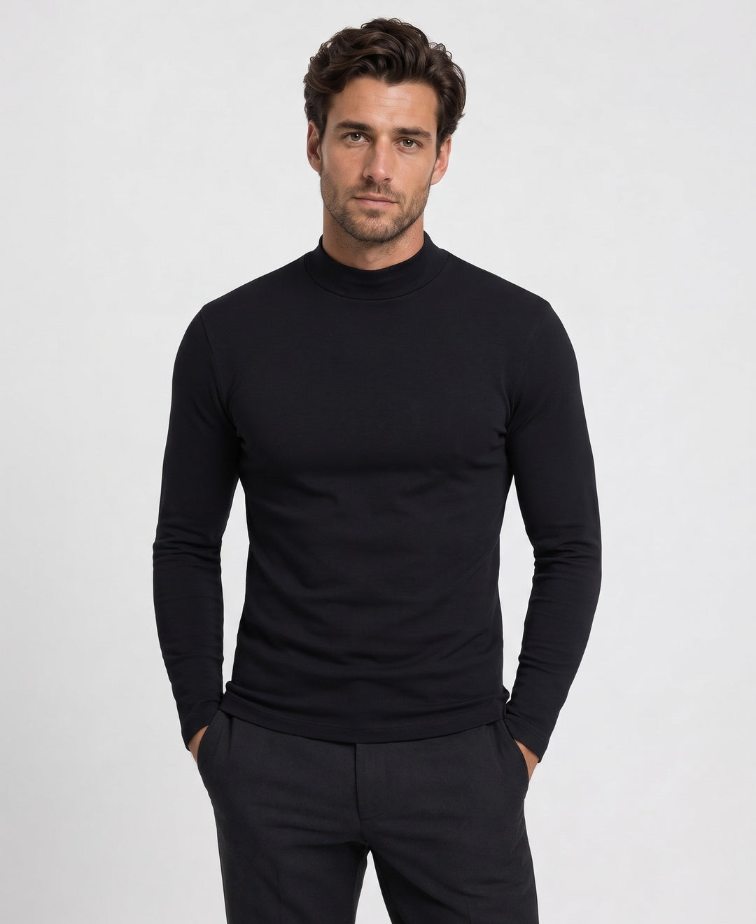 Men's thermal mock-neck base layer top in black, front view