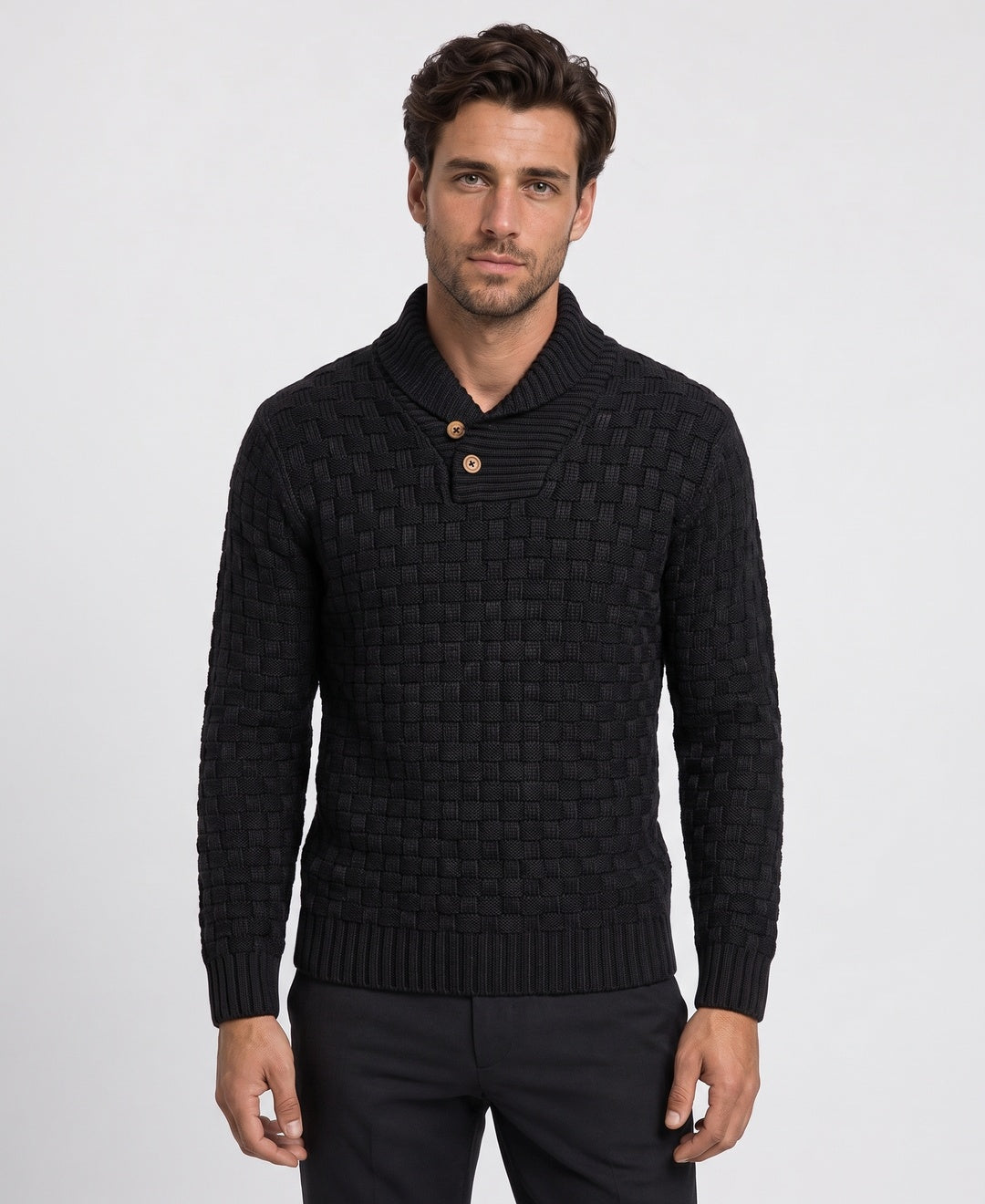Men's chunky shawl-collar knit sweater in black, front view