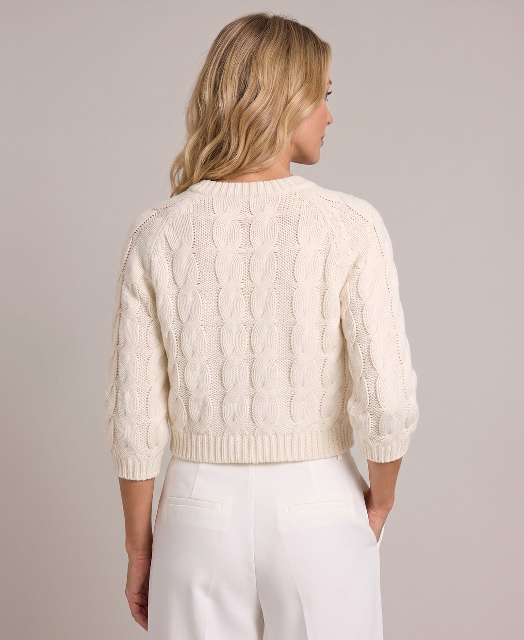 Women's Cropped Cable Knit Jumper Three Quarter Sleeves in Off-White, back view