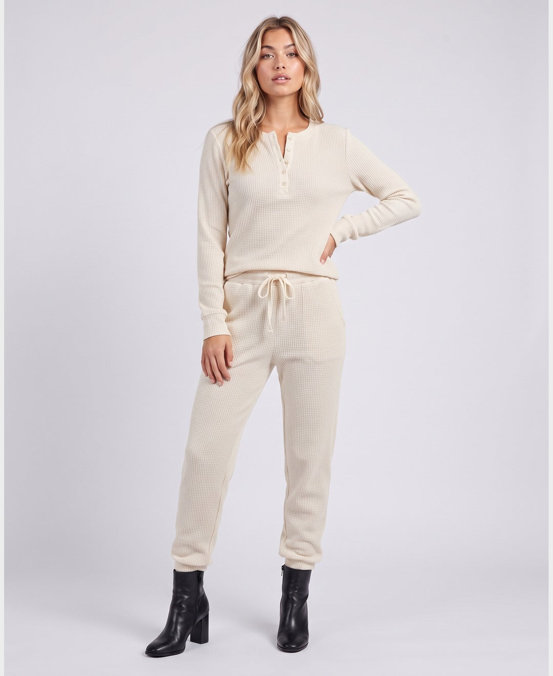 Brenda Waffle Henley Set in Off-White, front view