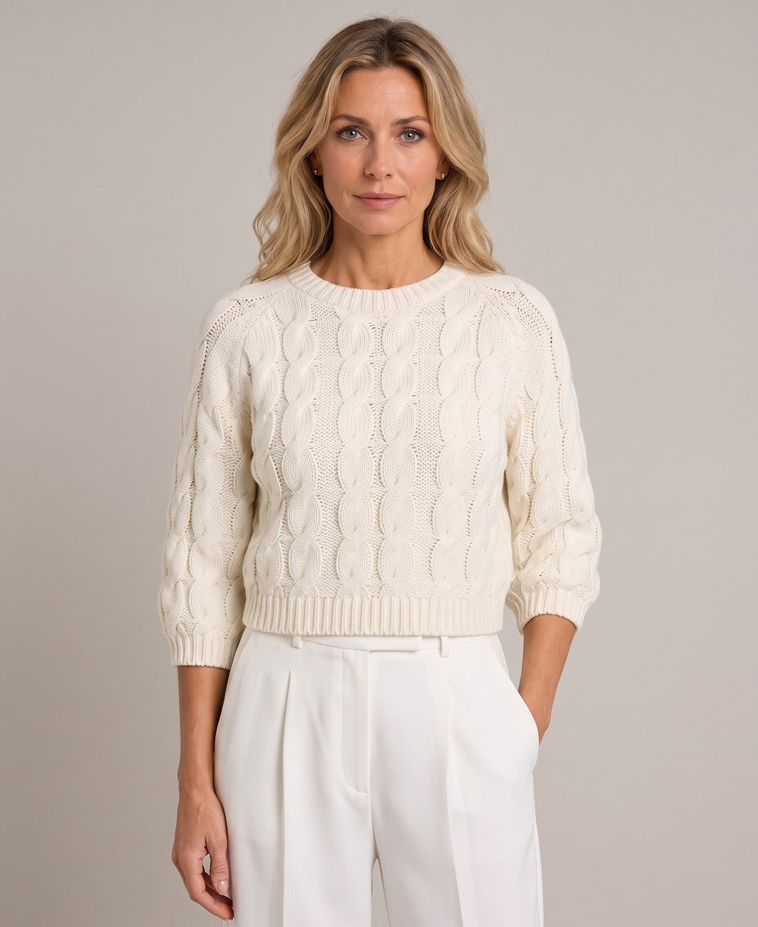 Women's Cropped Cable Knit Jumper Three Quarter Sleeves in Off-White, front view