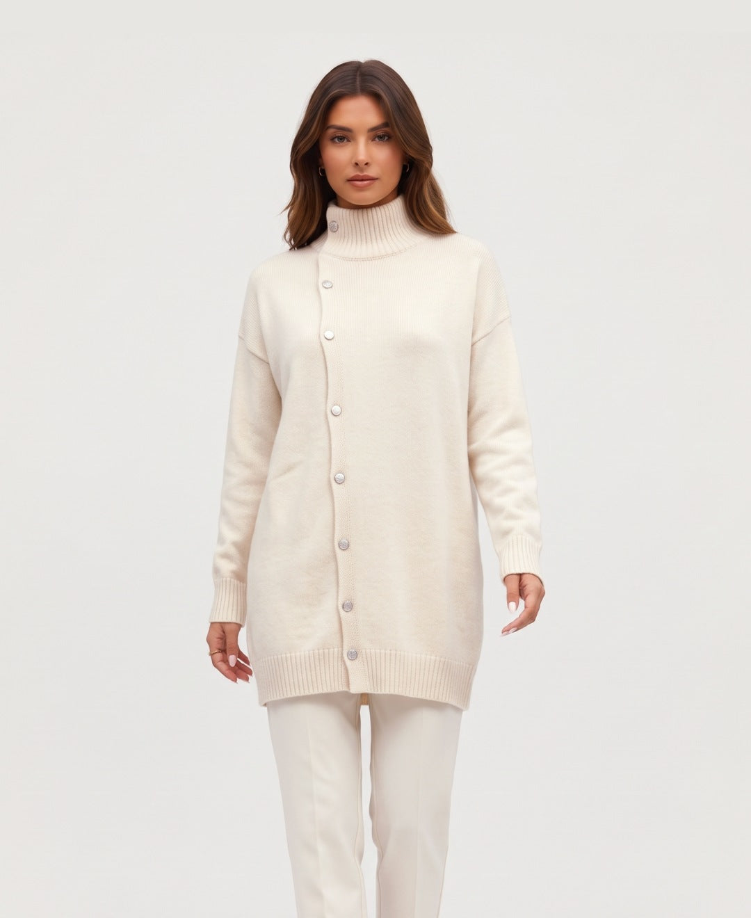 Women's longline roll neck jumper with asymmetric buttons in off-white, front view