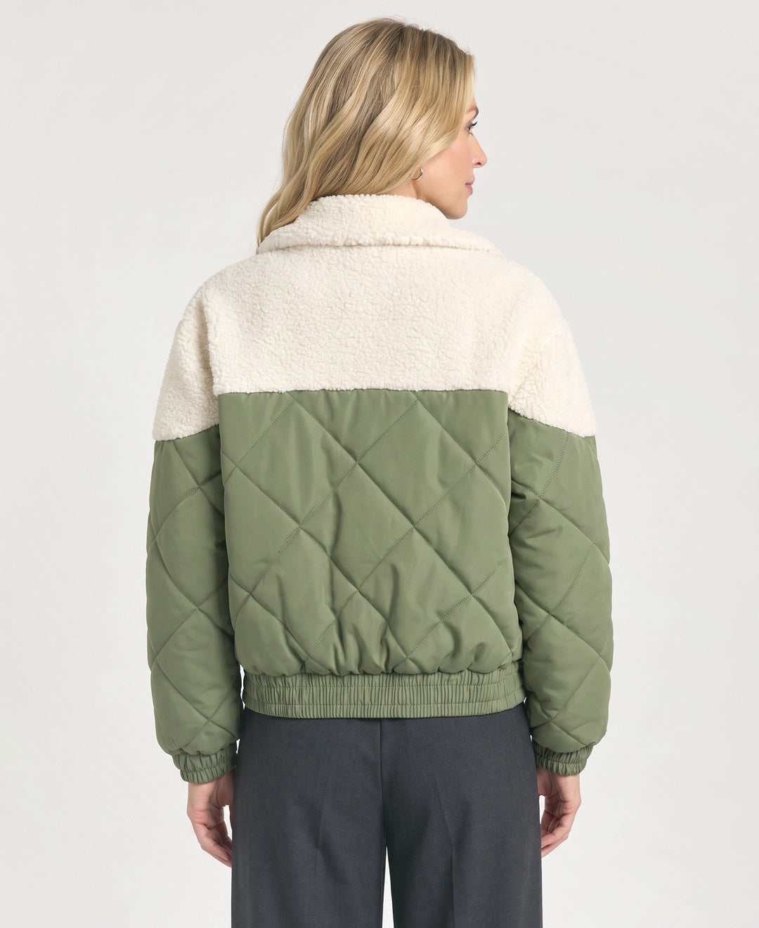 Cropped Quilted Bomber Jacket Sherpa Collar Zip Pocket olive back view