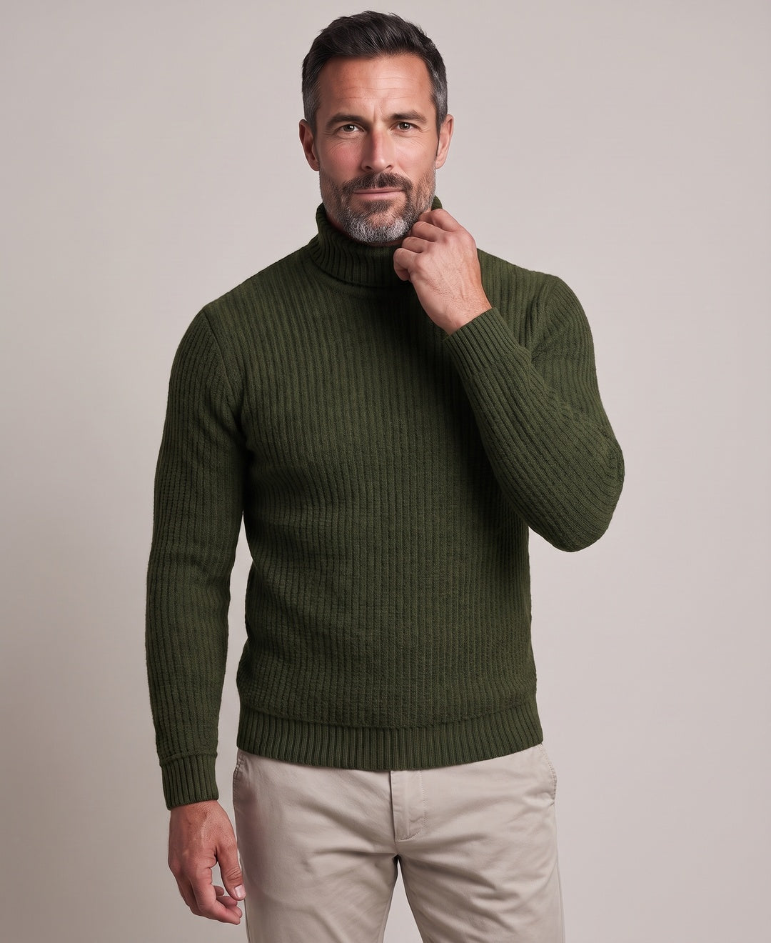 Men's olive roll neck jumper, front view