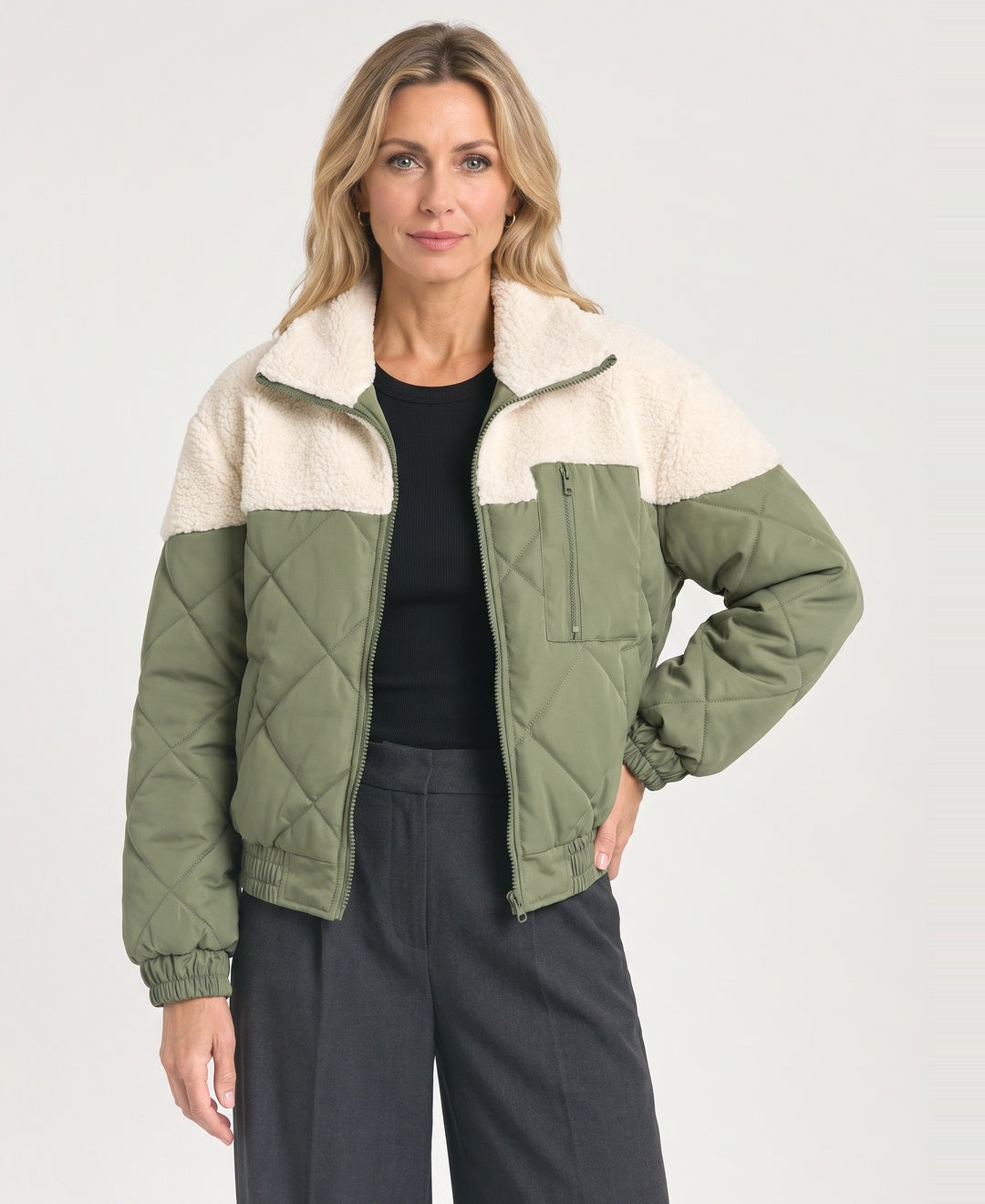 Cropped Quilted Bomber Jacket Sherpa Collar Zip Pocket olive front view