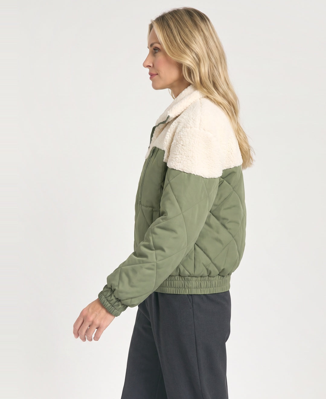 Cropped Quilted Bomber Jacket Sherpa Collar Zip Pocket olive side view