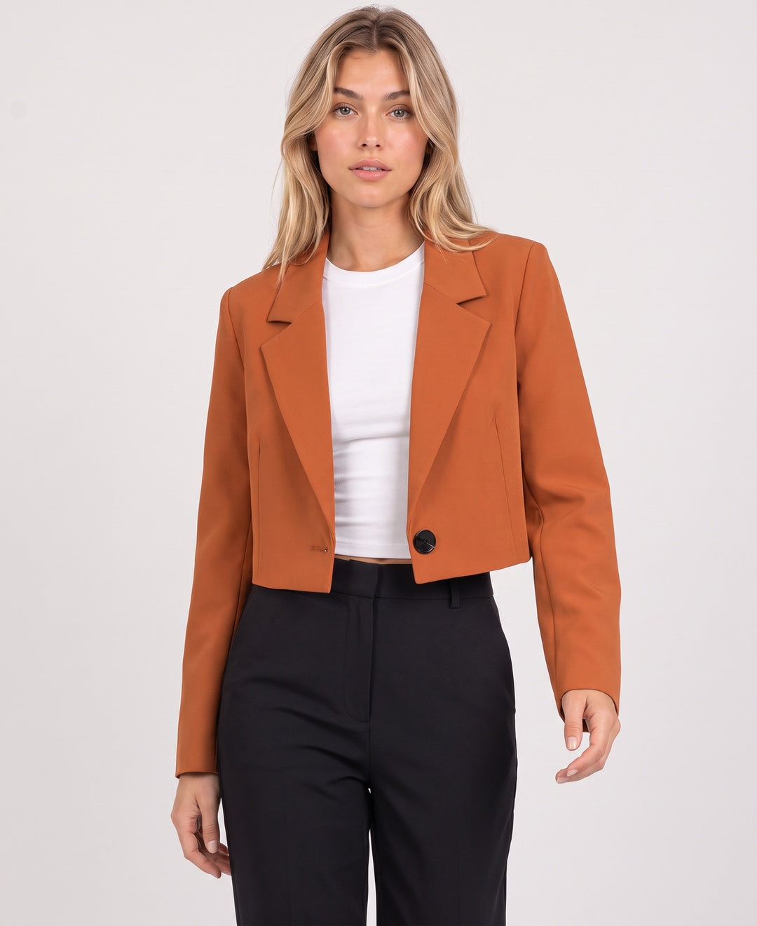 Women's cropped blazer in orange, front view