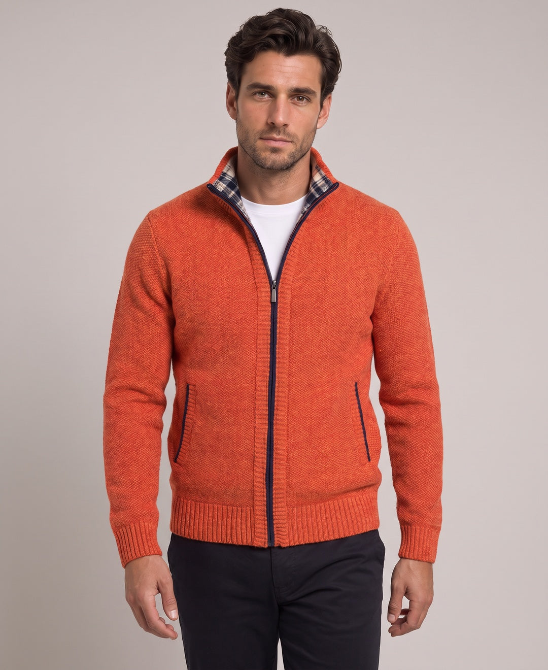 Men's orange zip cardigan, front view
