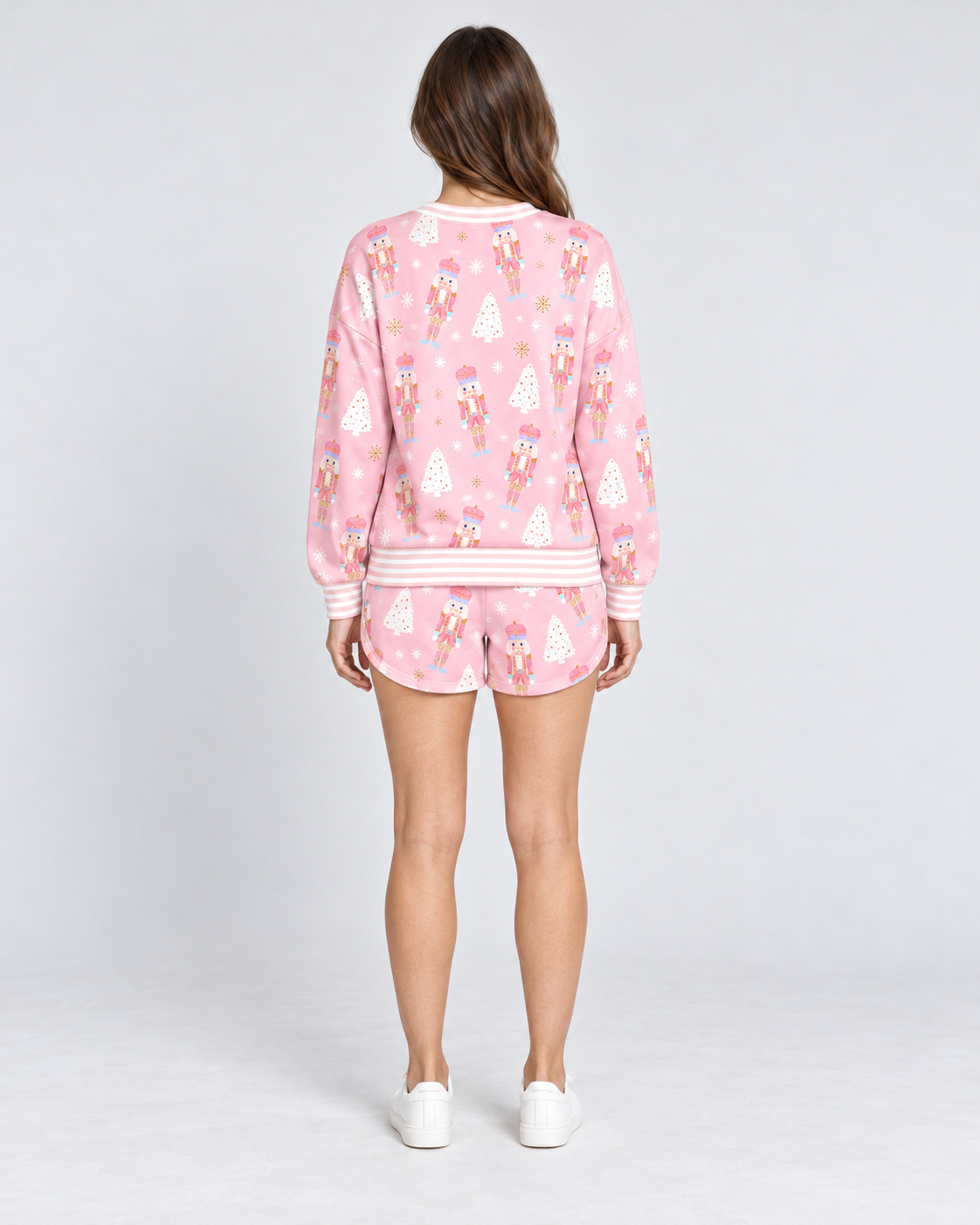 Nutcracker Print Sweatshirt Shorts Loungewear Set, pink nutcracker print sweatshirt and shorts set, back view