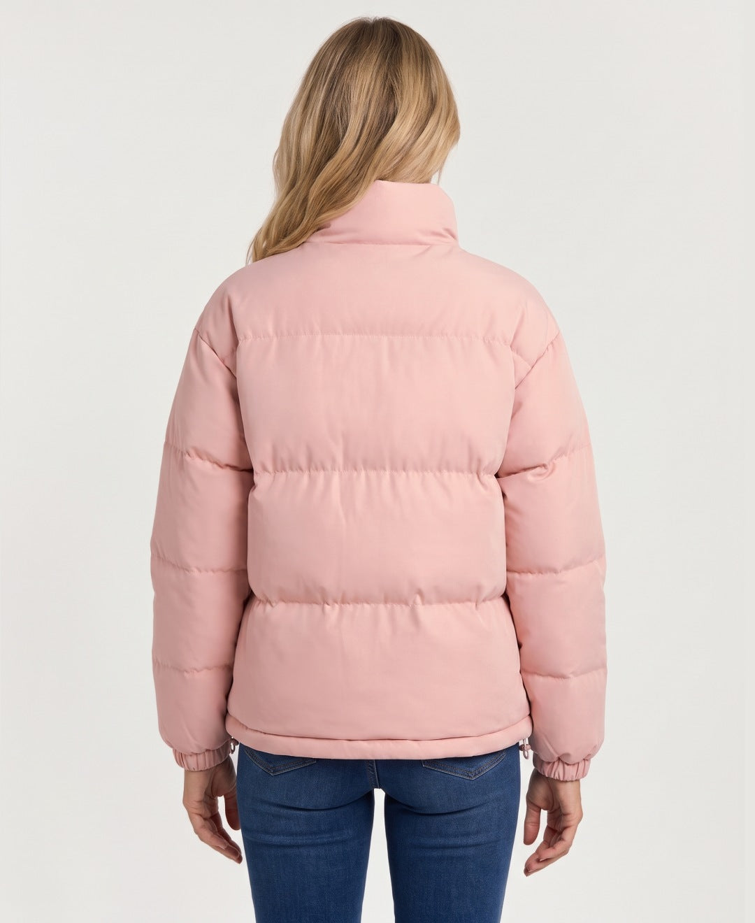 Women's short hooded puffer jacket pink back view