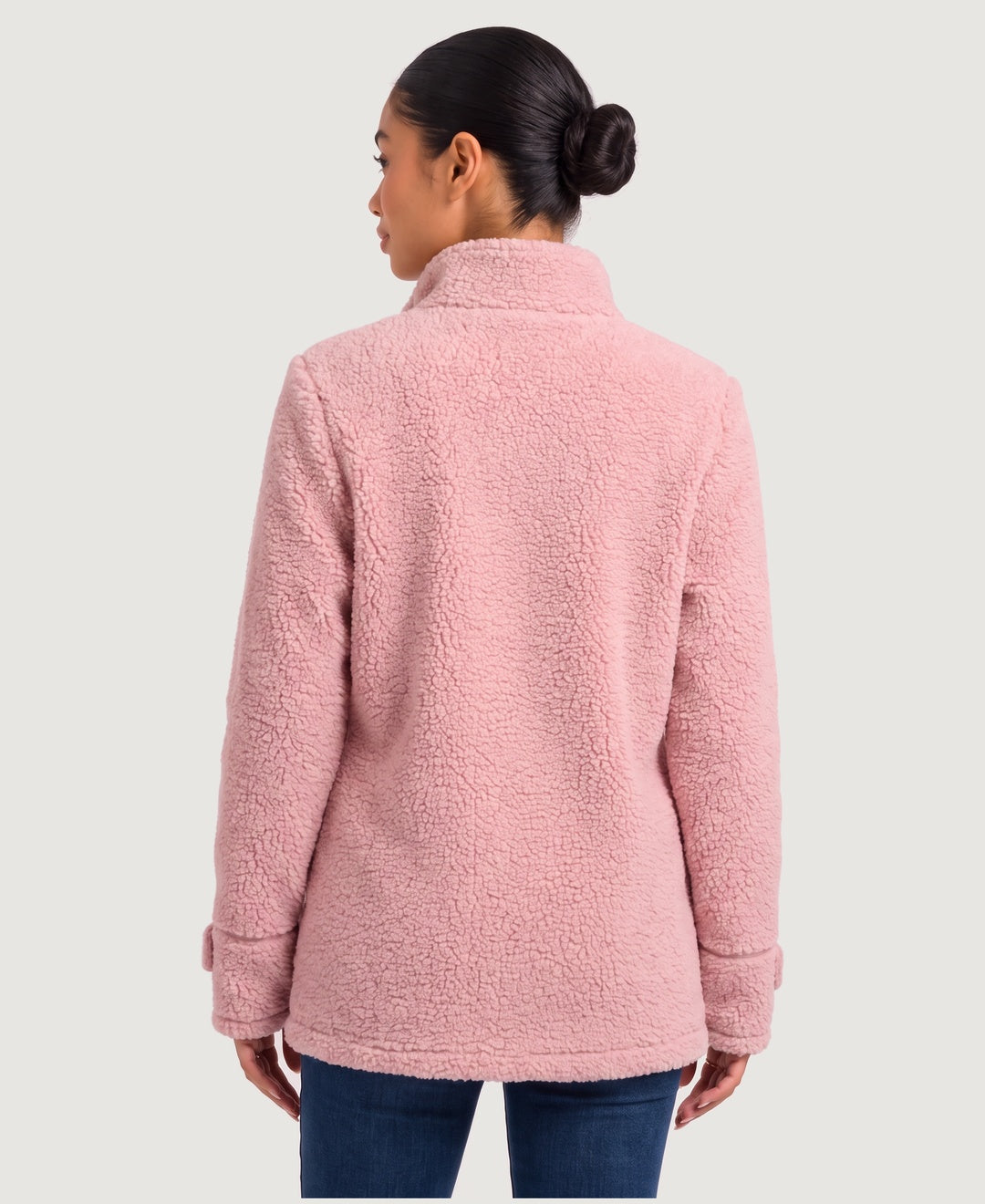 Women's sherpa fleece zip jacket in pink, back view