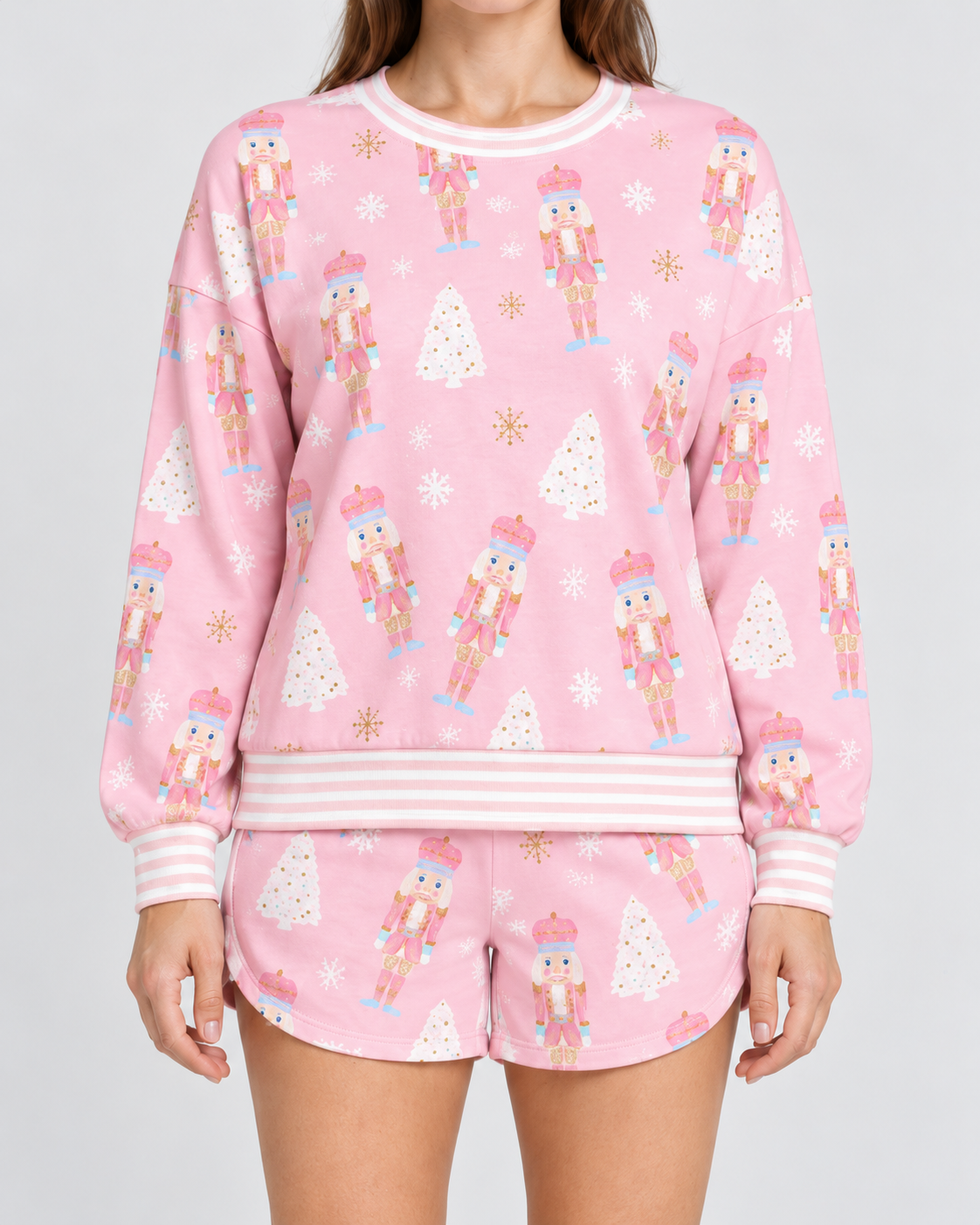 Nutcracker Print Sweatshirt Shorts Loungewear Set, nutcracker print and striped trim, close-up