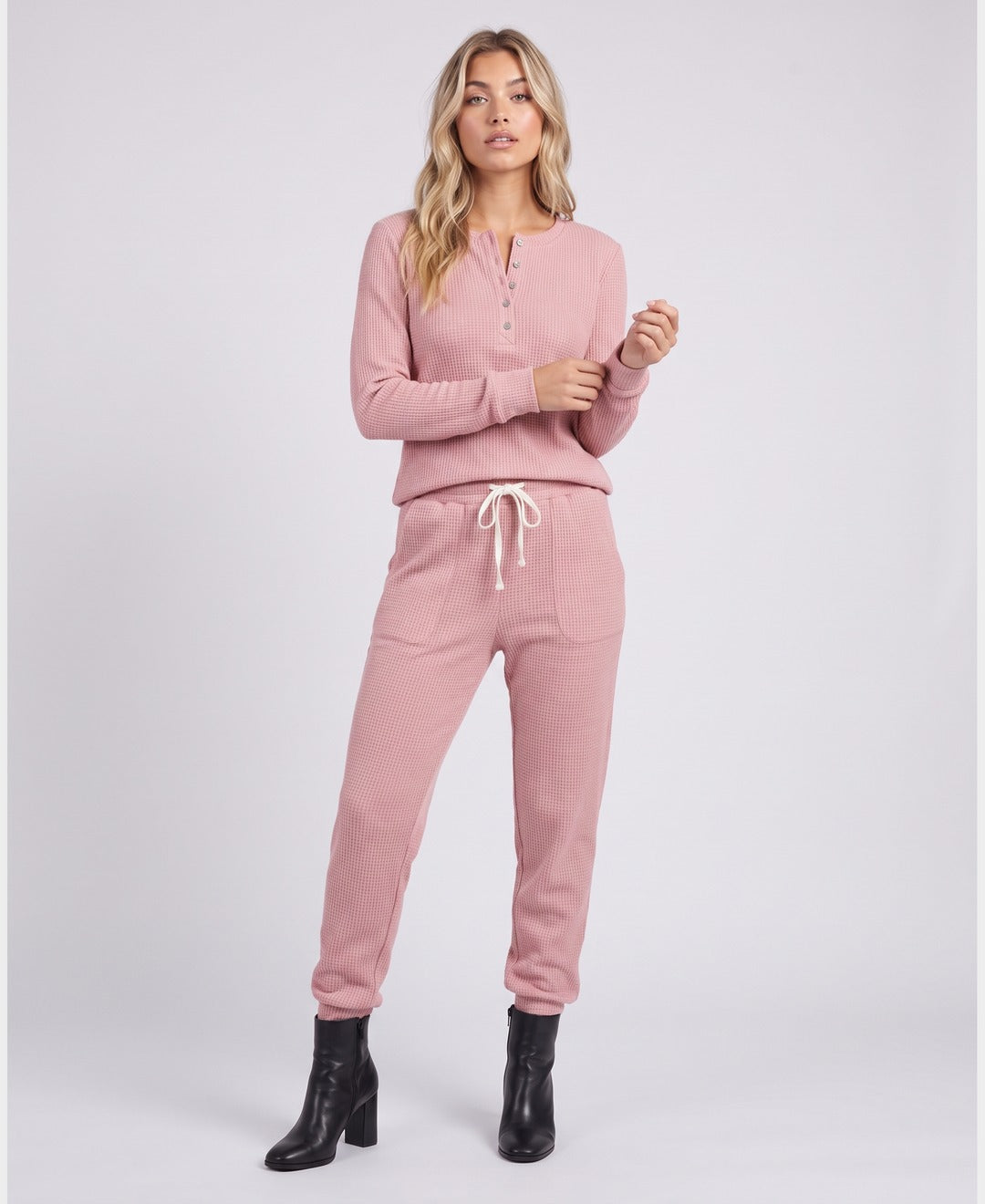 Brenda Waffle Henley Set in Pink, front view