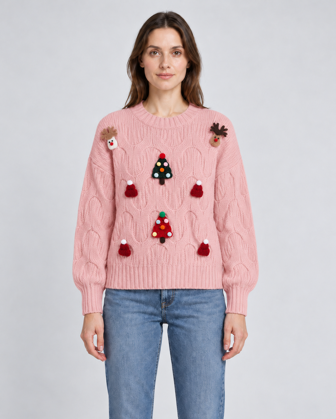 3D Tree and Reindeer Cable Knit Christmas Jumper, pink, front view