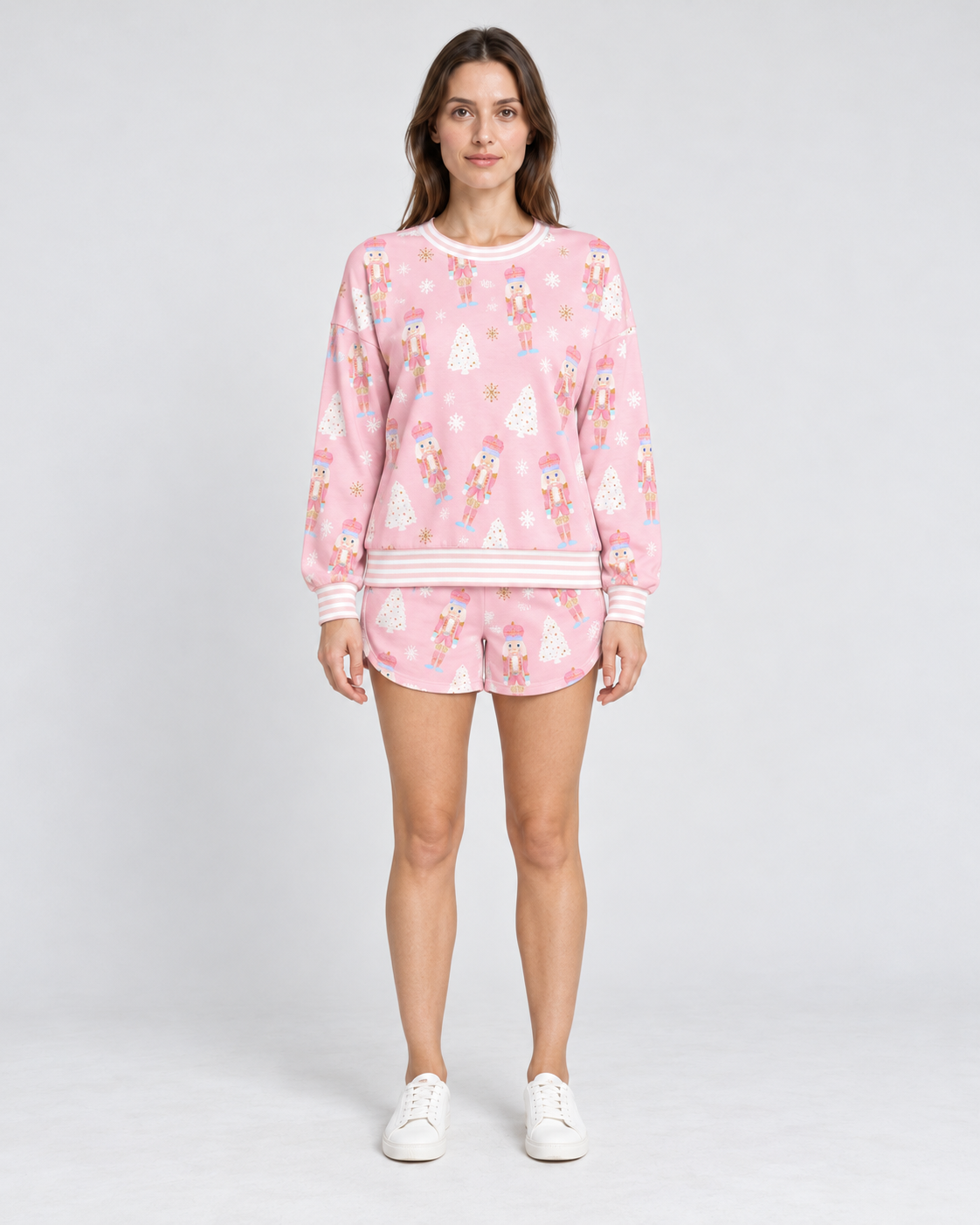 Nutcracker Print Sweatshirt Shorts Loungewear Set, pink nutcracker print sweatshirt and shorts set, front view