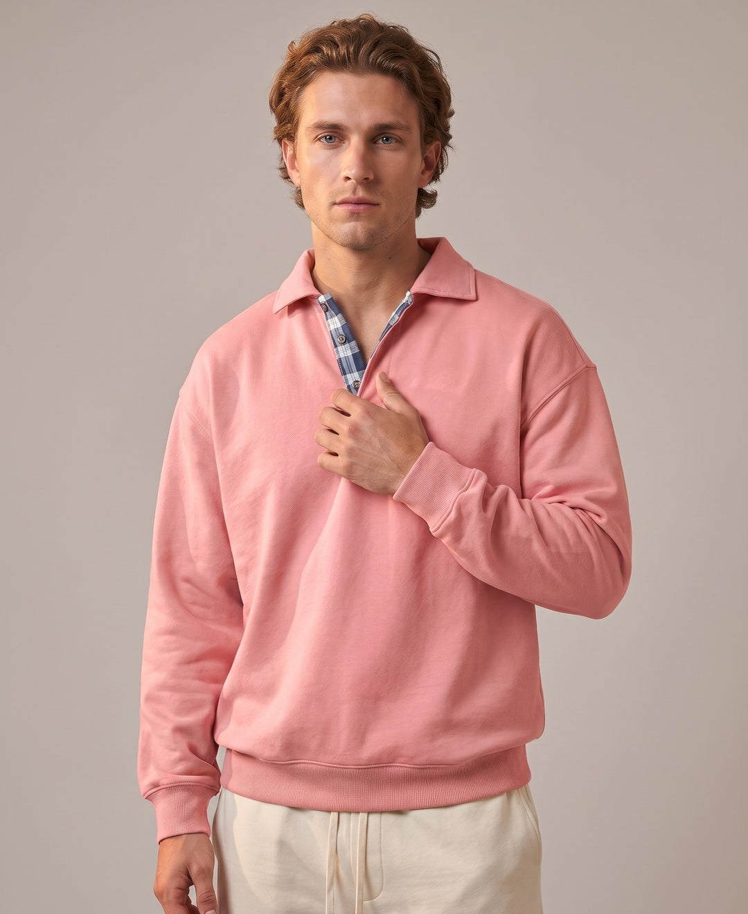 Men's pink collared sweatshirt, front view