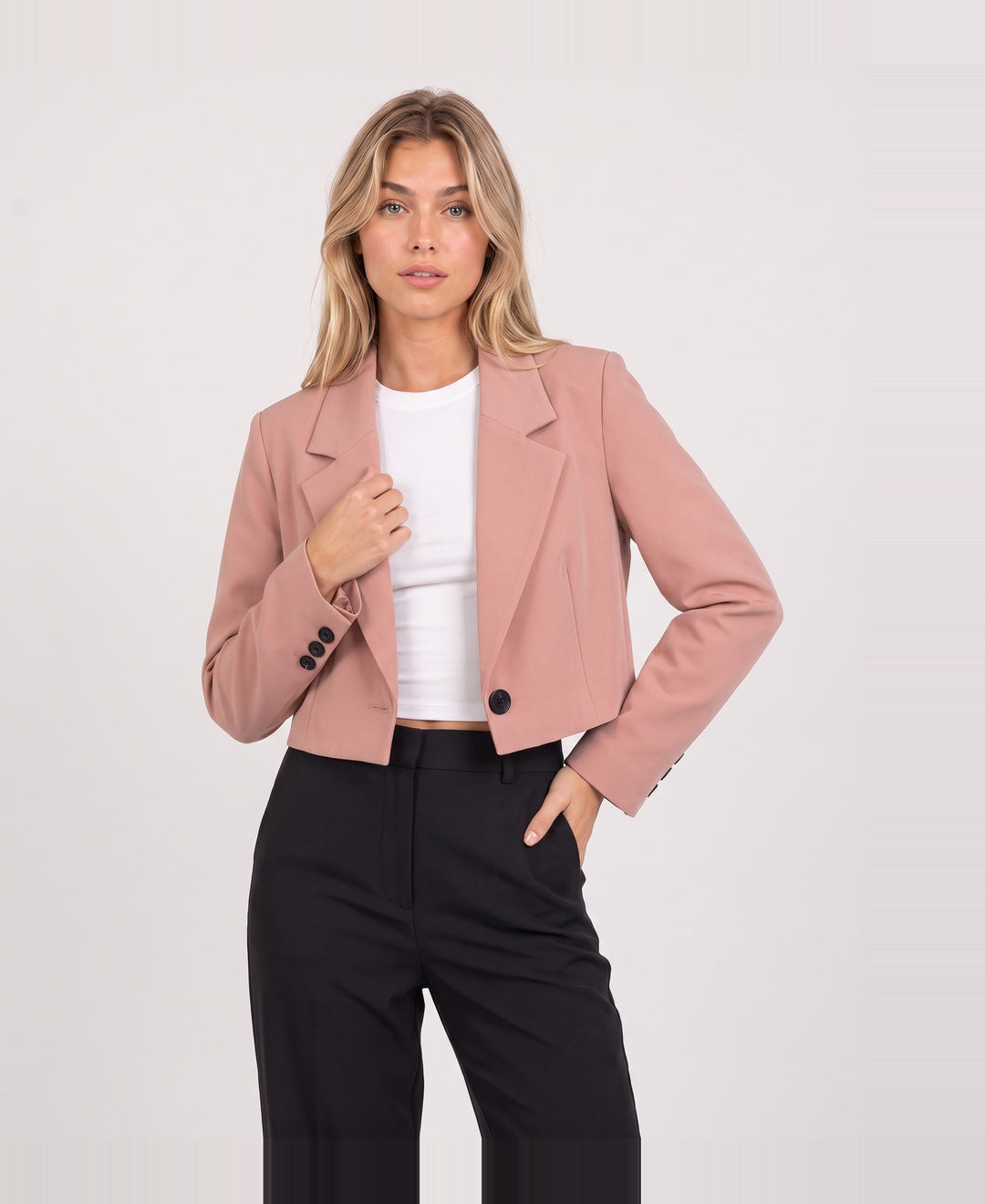 Women's cropped blazer in pink, front view